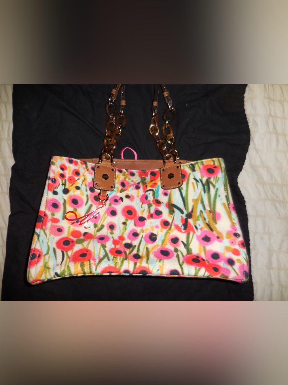 Milly Pink Floral Canvas Tote with Brown Trim